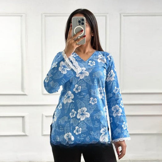 Blue Hibiscus Printed Pure Cotton Short Kurti