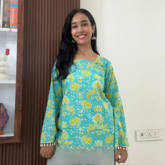 Aqua Blue Floral Printed Bell Sleeve Short Kurti