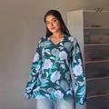 Green Floral Printed Bell Sleeve Short Kurti