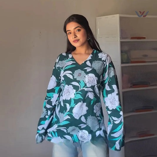 Green Floral Printed Bell Sleeve Short Kurti
