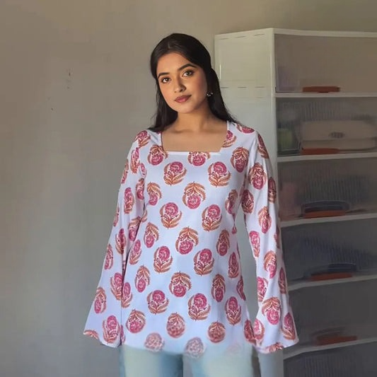 White Floral Printed Chic Everyday Wear Bell Sleeve Short Kurti