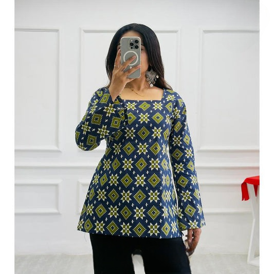 Navy Blue Geometric Printed Pure Cotton Short Kurti
