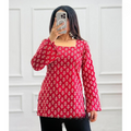 Red Printed Square Neck Bell Sleeve Short Kurti