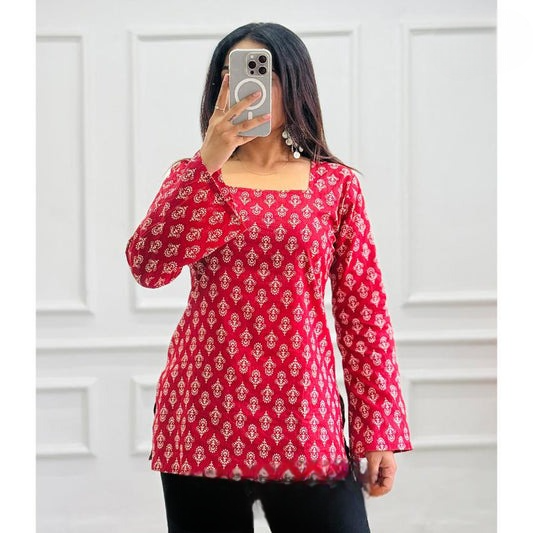 Red Printed Square Neck Bell Sleeve Short Kurti