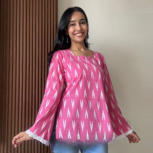 Pink Ikat Printed Bell Sleeve Short Kurti