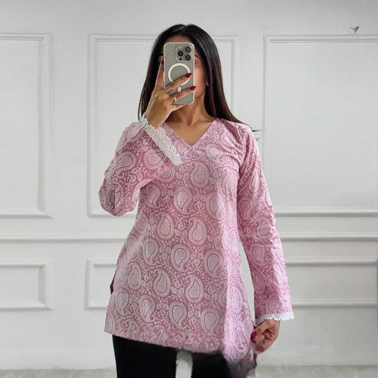 Pink Paisley Printed Pure Cotton Short Kurti