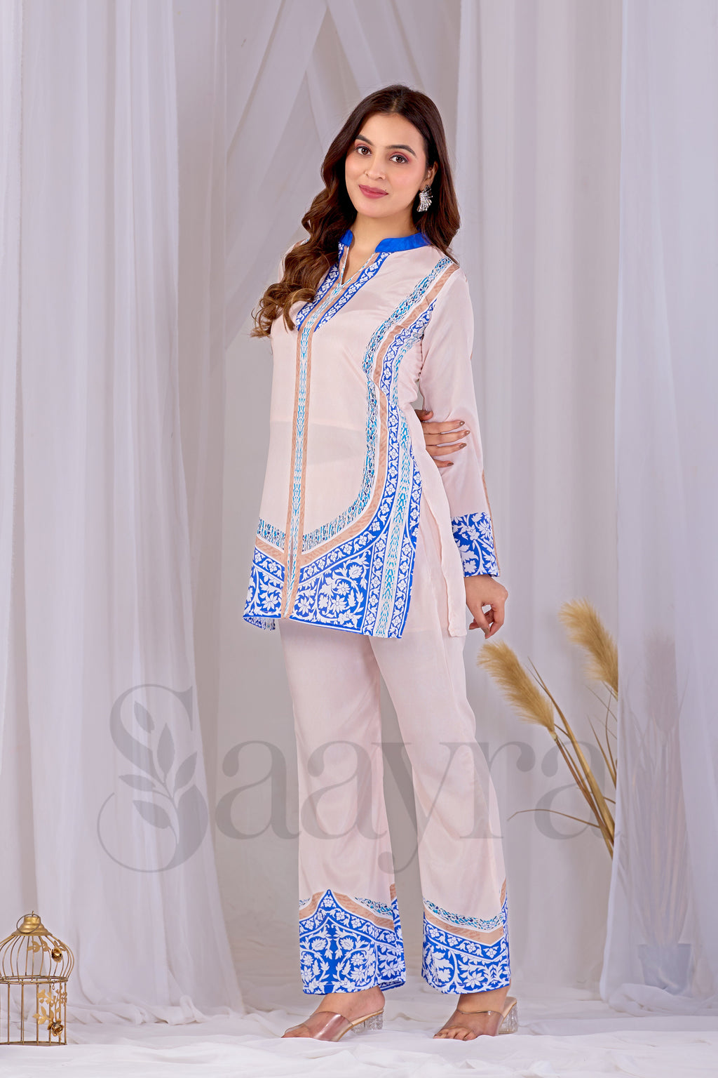 Saayra Festive Ivory Blue Kurta Set Cotton Silk Printed
