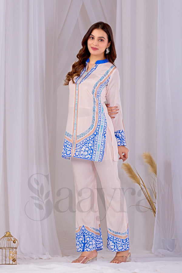 Saayra Festive Ivory Blue Kurta Set Cotton Silk Printed