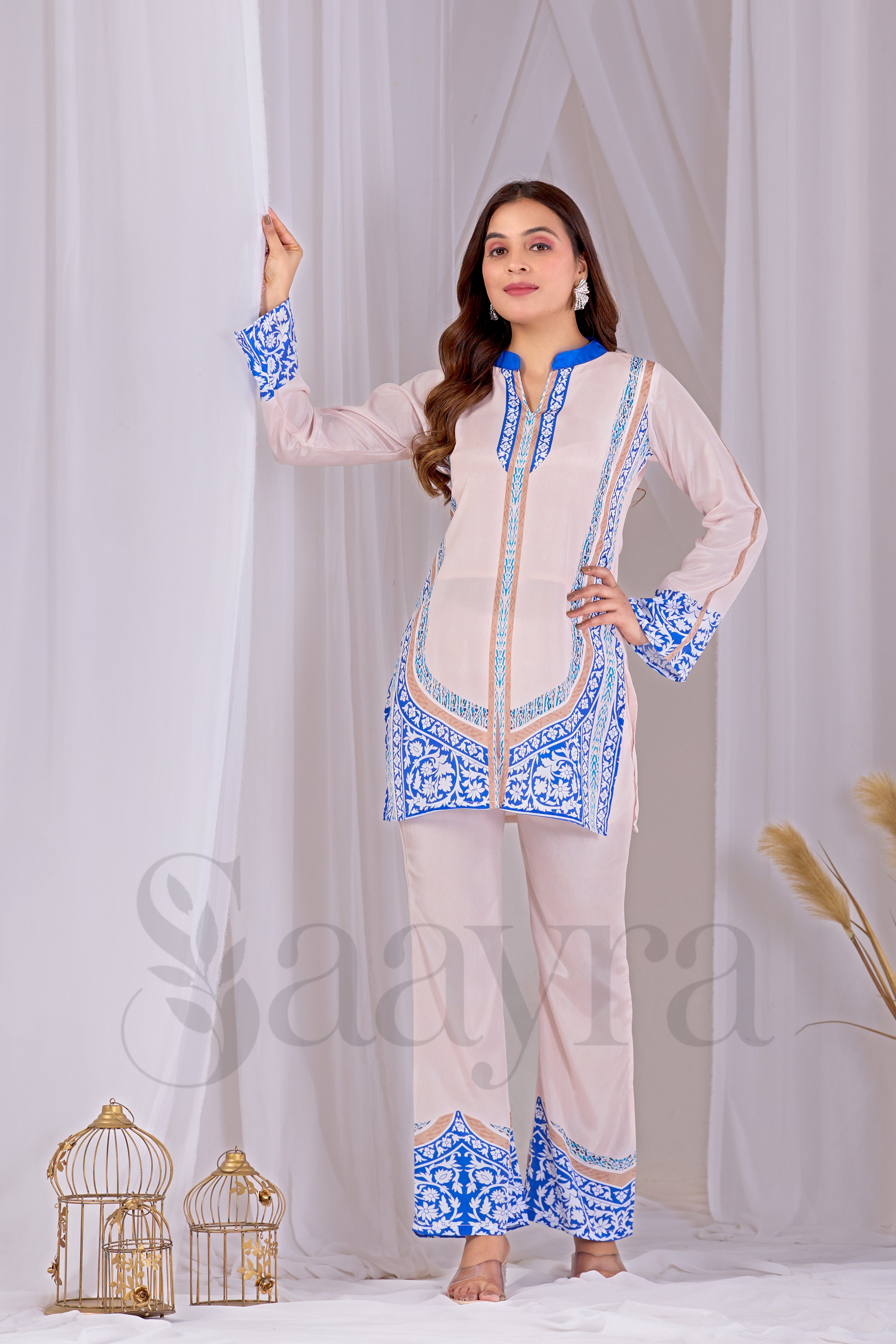 Saayra Festive Ivory Blue Kurta Set Cotton Silk Printed