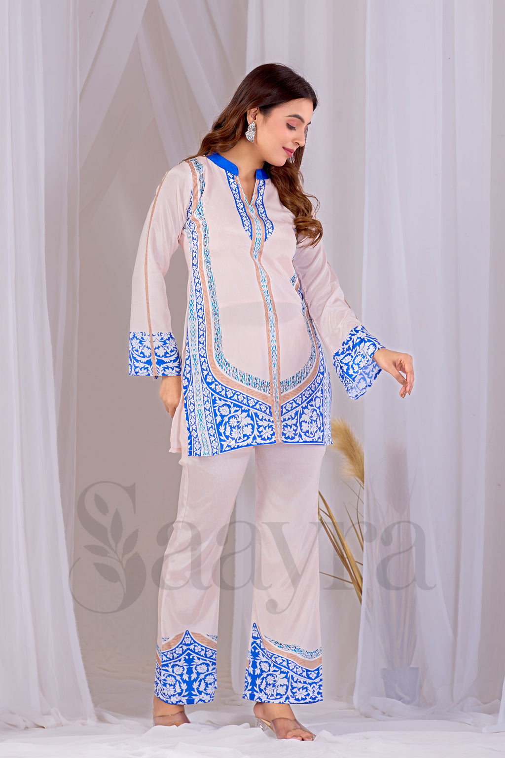 Saayra Festive Ivory Blue Kurta Set Cotton Silk Printed