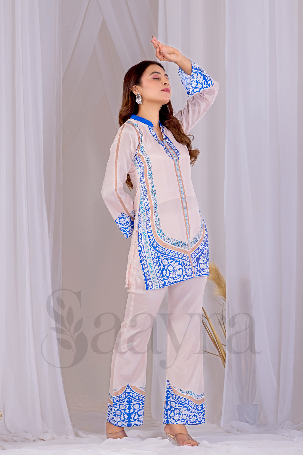 Saayra Festive Ivory Blue Kurta Set Cotton Silk Printed