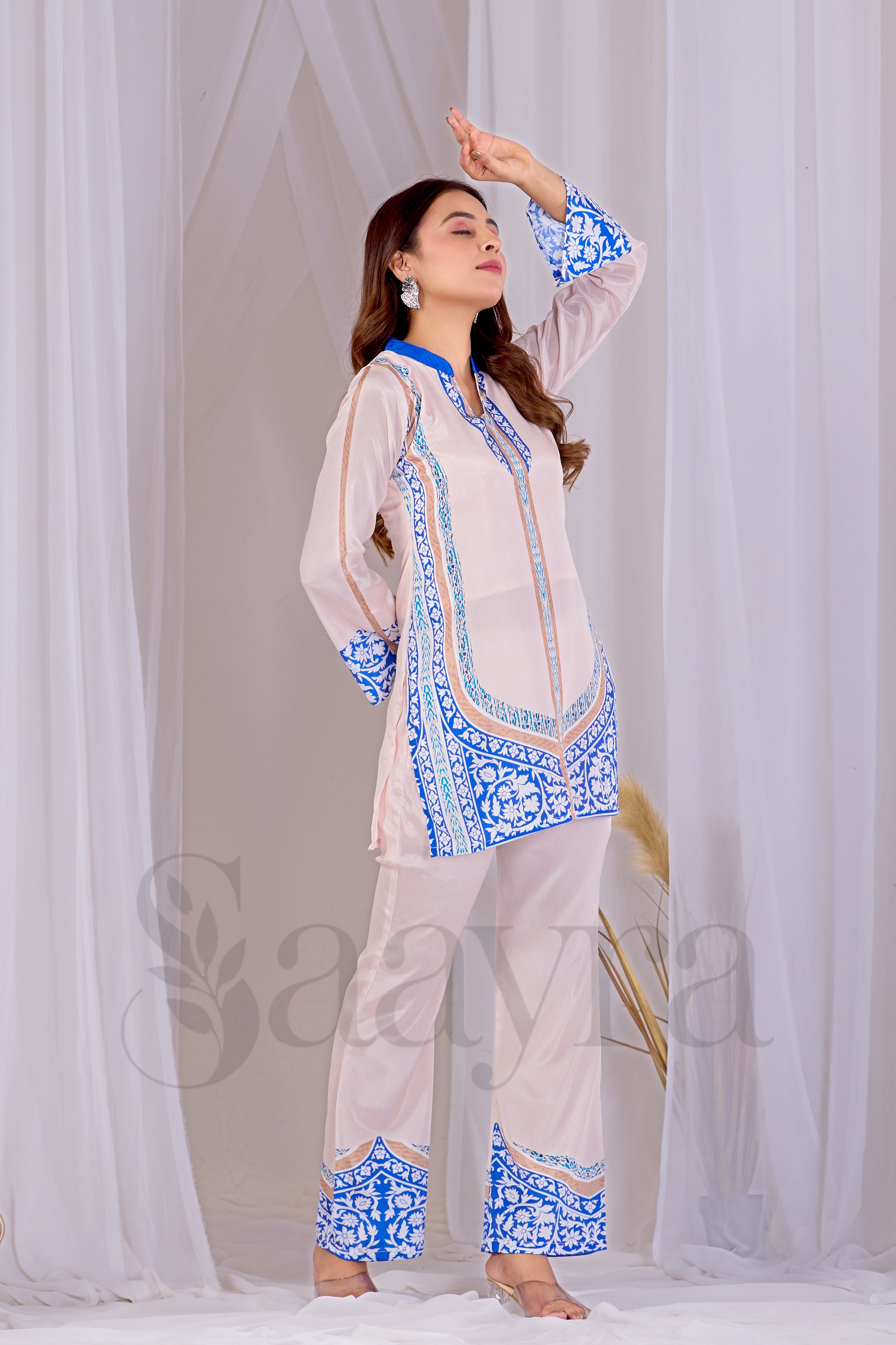 Saayra Festive Ivory Blue Kurta Set Cotton Silk Printed