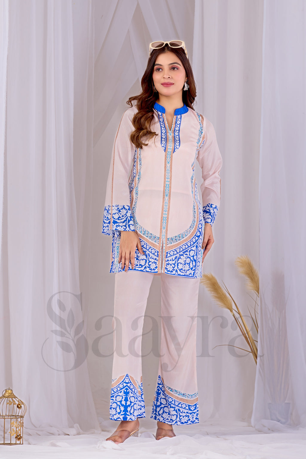 Saayra Festive Ivory Blue Kurta Set Cotton Silk Printed