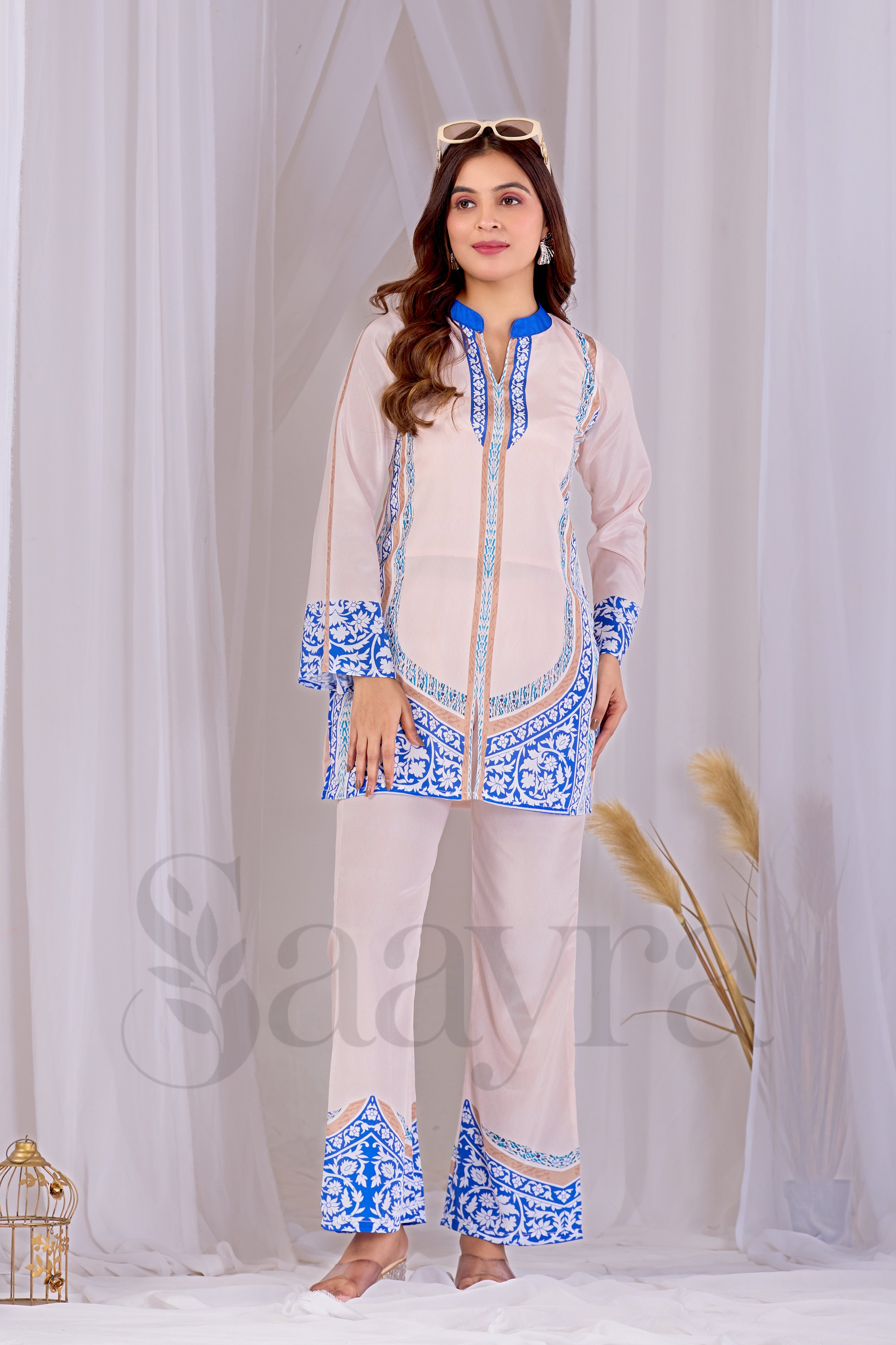Saayra Festive Ivory Blue Kurta Set Cotton Silk Printed