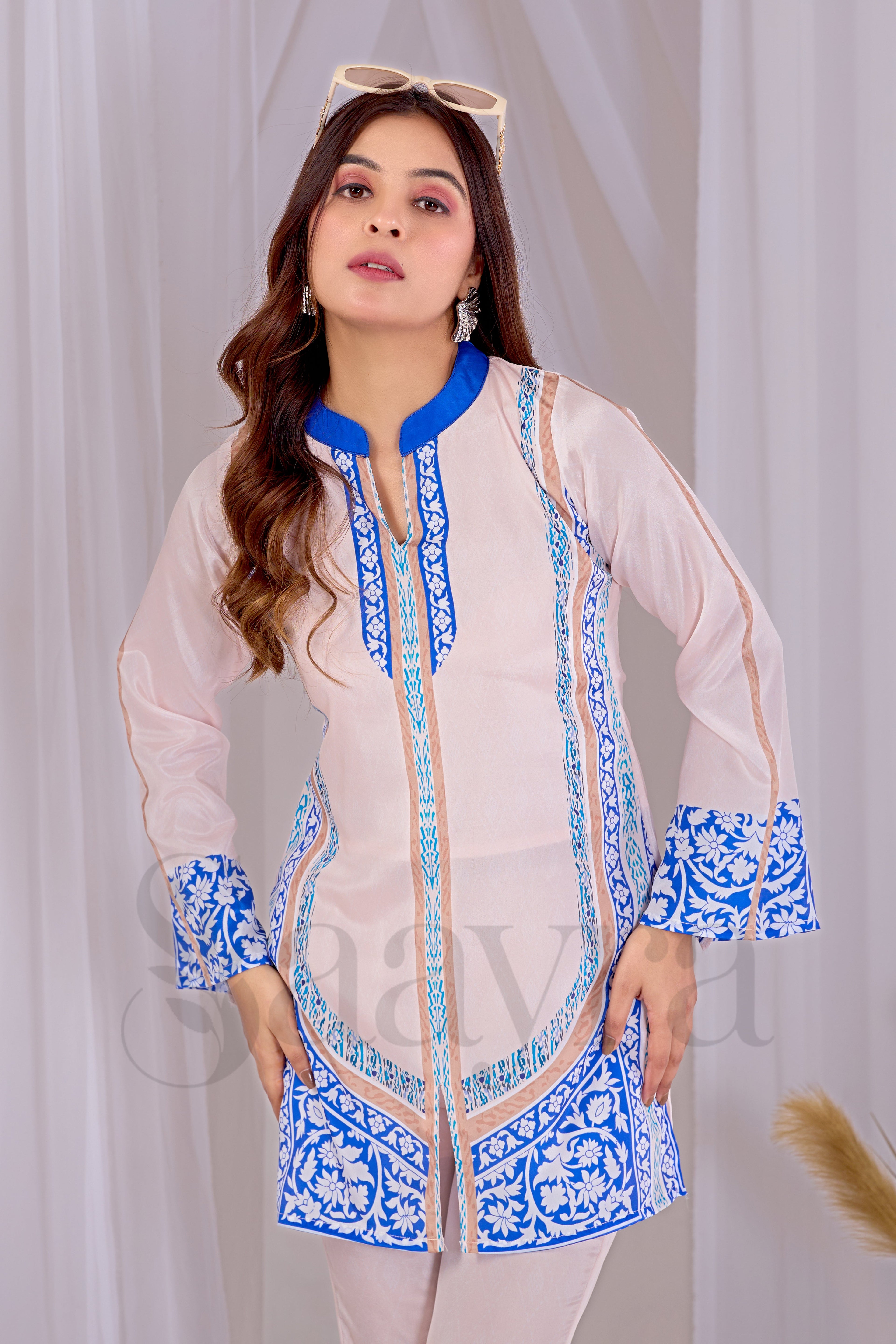 Saayra Festive Ivory Blue Kurta Set Cotton Silk Printed