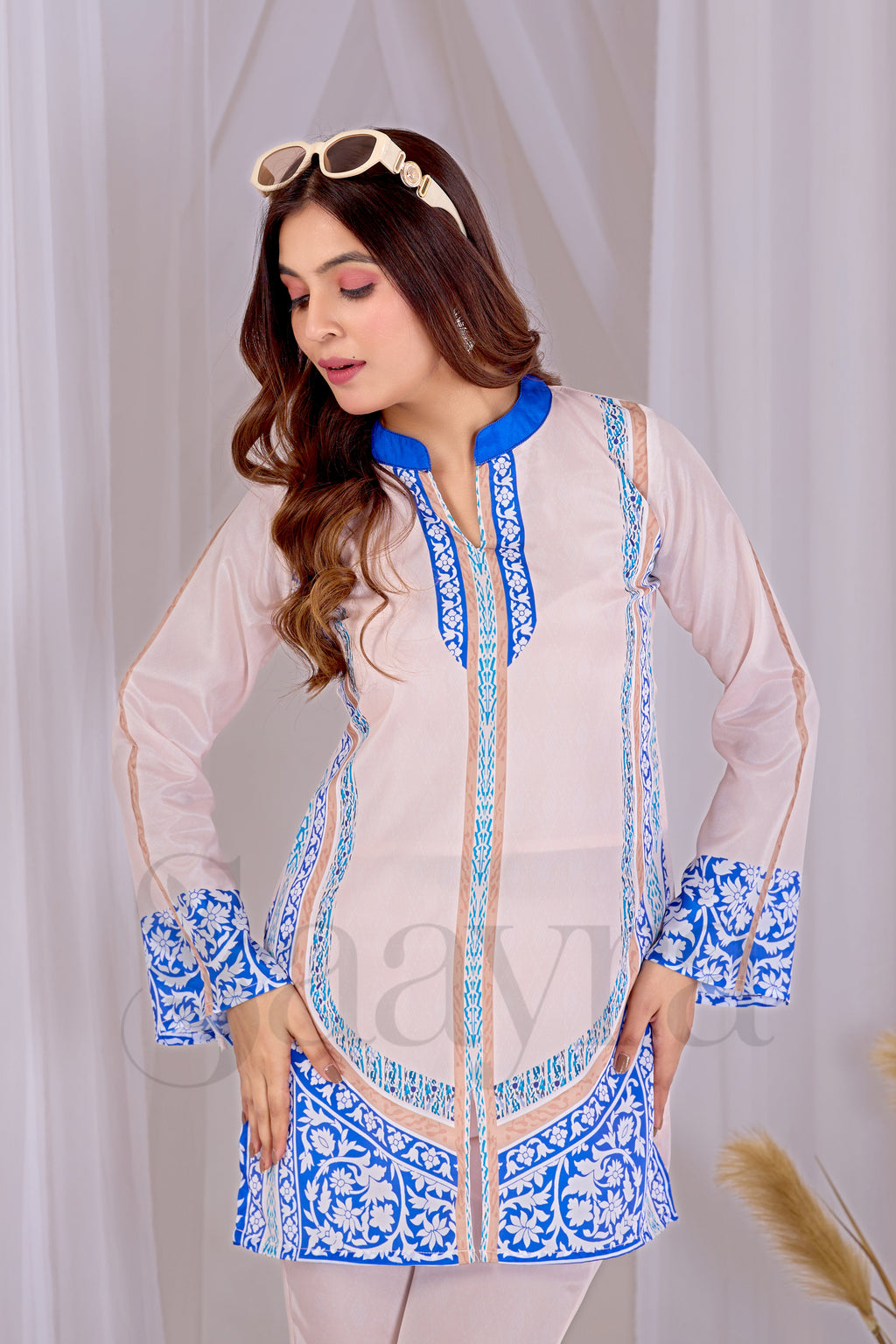 Saayra Festive Ivory Blue Kurta Set Cotton Silk Printed