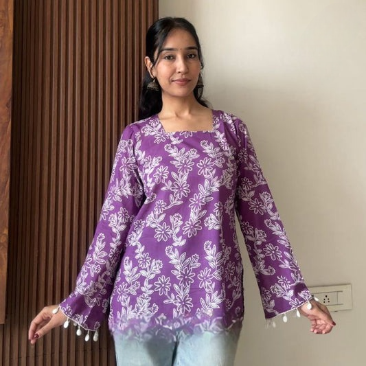 Purple Floral Printed Bell Sleeves Short Kurti