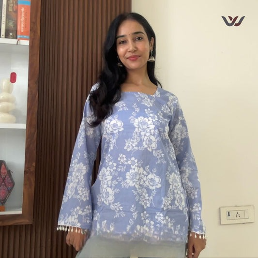 Sky Blue Floral Printed Bell Sleeve Short Kurti