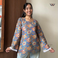 Classic Blue Floral Printed Bell Sleeve Short Kurti