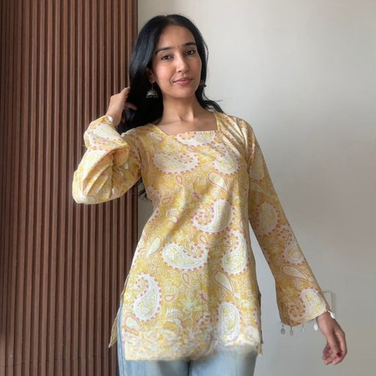 Yellow Paisley Printed Belle Sleeve Short Kurti