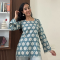 Teal Green Ethnic Printed Bell Sleeve Short Kurti