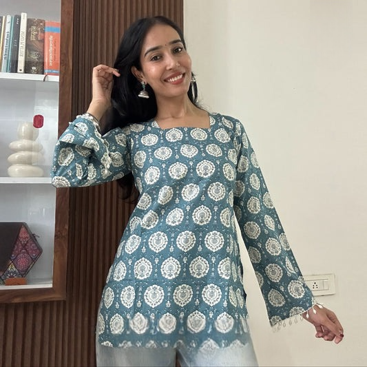 Teal Green Ethnic Printed Bell Sleeve Short Kurti
