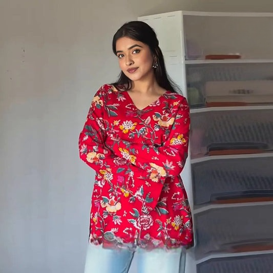 Red Floral Printed Bell Sleeve V Neck Short Kurti