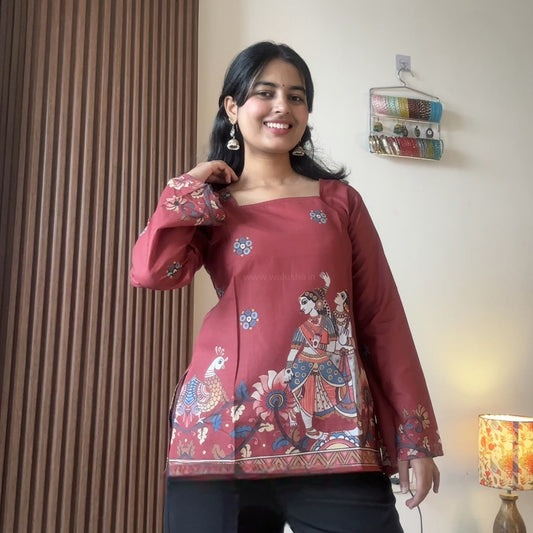 Maroon Lotus Bloom Printed Corset Back Short Kurti
