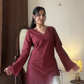 Solid Maroon Plain V Neck Pure Cotton Short Kurti