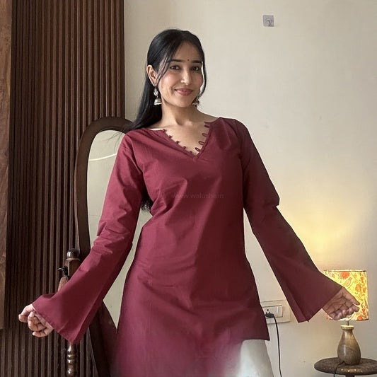 Solid Maroon Plain V Neck Pure Cotton Short Kurti