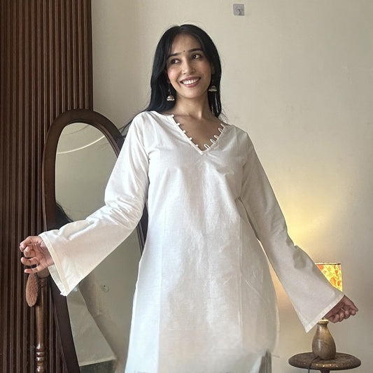 White Plain V Neck Pure Cotton Short Kurti