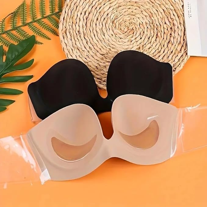 IKIRA Strapless Padded Bra for Women |Push Up Tube Bra with Transparent Silicone Adhesive Back Strap for Off Shoulder, Blouse (Beige and Black) Pack of 1 Free Size