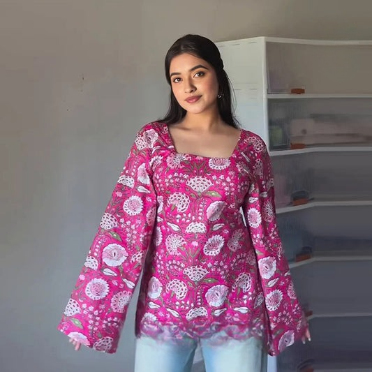 Bright Pink Floral Printed Casual Wear Short Kurti