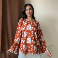 Rust Orange Floral Printed Bell Sleeve Short Kurti