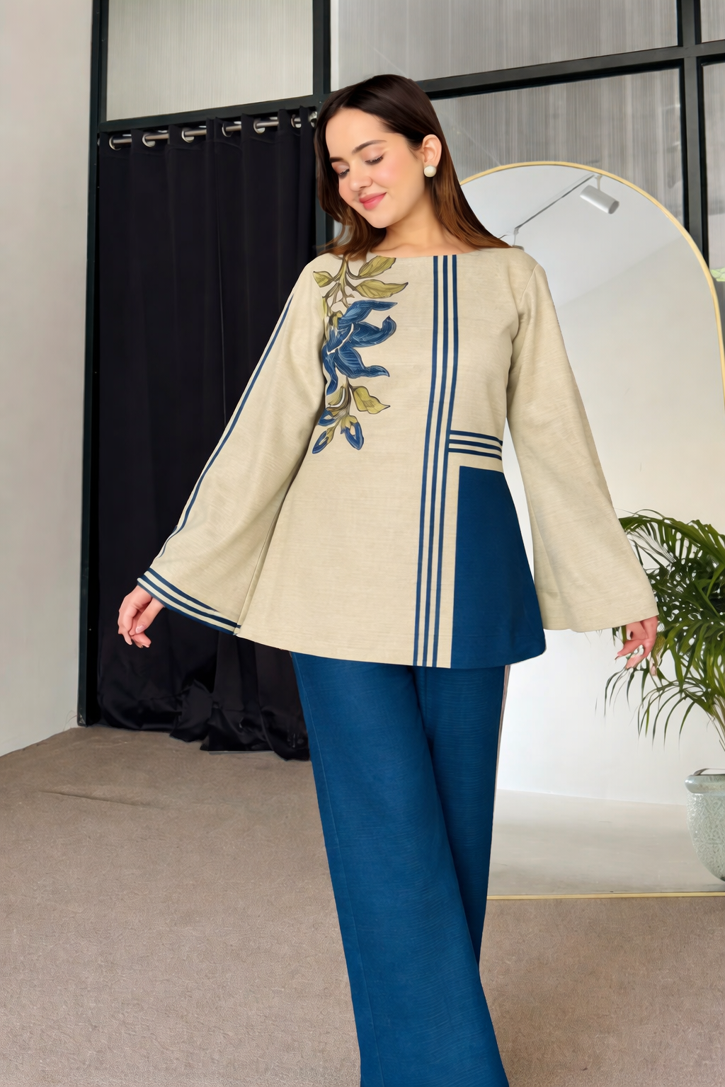 Abstract Floral Fusion Print Kurta with Wide-Leg Bottom