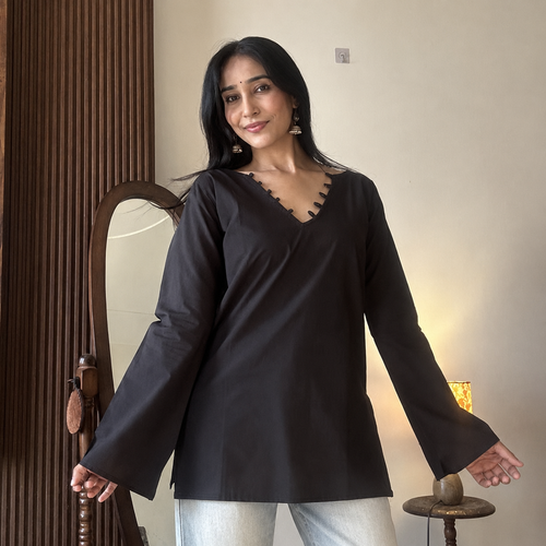 Chic Coffee Brown Plain V Neck Pure Cotton Short Kurti