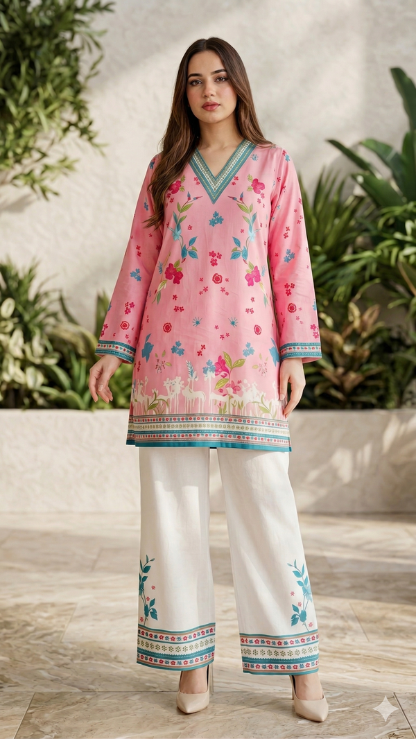Pink And White Floral Printed Co-ord Set For Women
