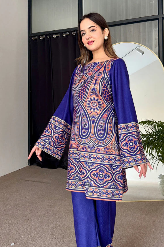 Royal Blue Cotton Kurta Pant Set with Paisley Digital Print and Flared Sleeves