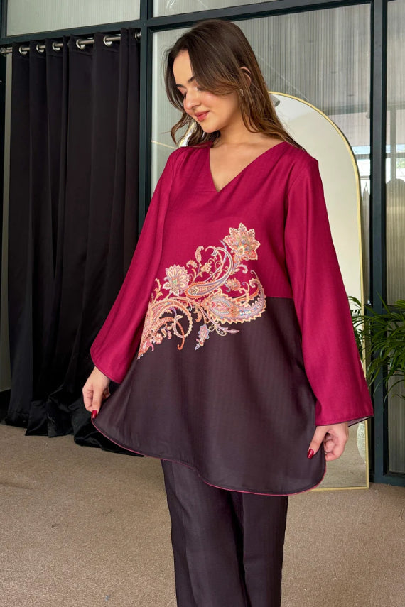 Maroon Ombre Printed Cotton Kurta Set With Paisley Motif