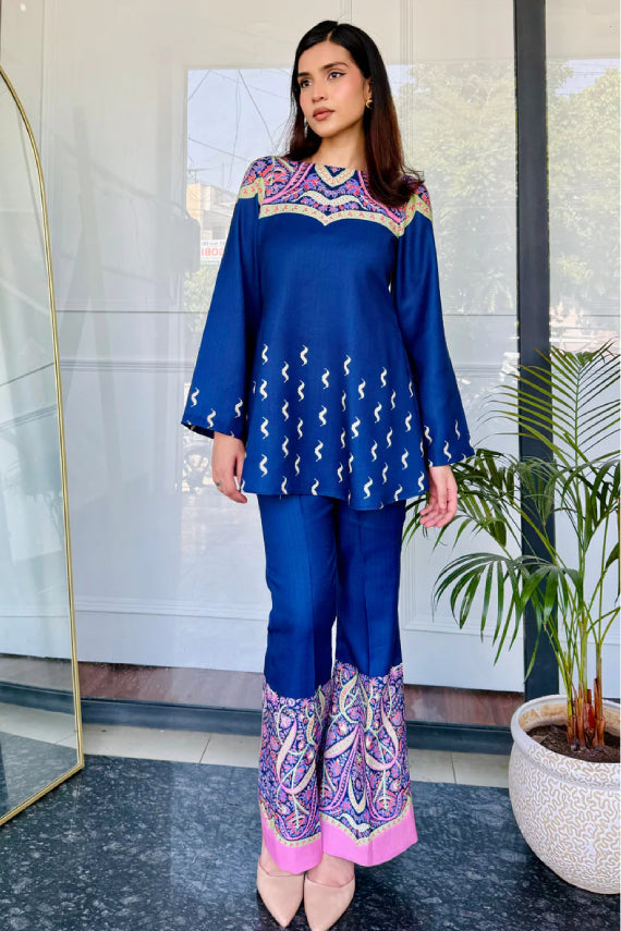 Saayra Designer Blue Printed Cotton Silk Kurta Pant Set