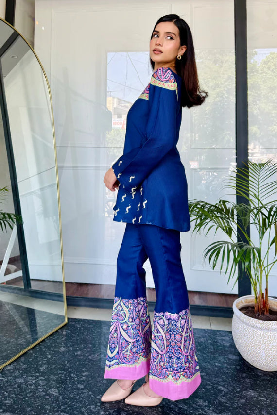 Saayra Designer Blue Printed Cotton Silk Kurta Pant Set