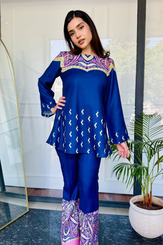Saayra Designer Blue Printed Cotton Silk Kurta Pant Set