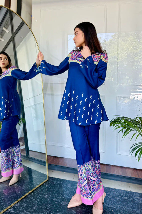 Saayra Designer Blue Printed Cotton Silk Kurta Pant Set