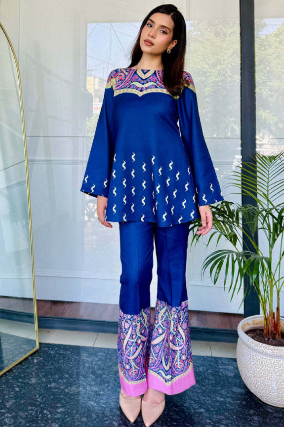 Saayra Designer Blue Printed Cotton Silk Kurta Pant Set