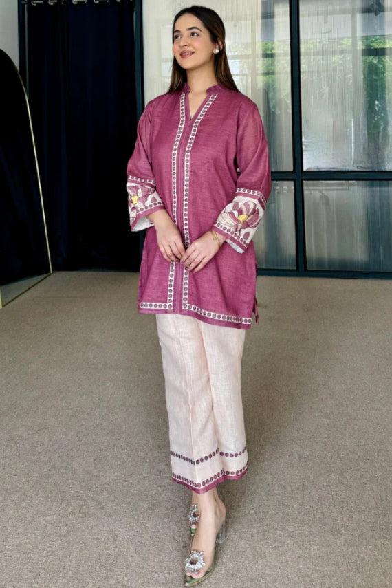 Wine Mauve Artisan Print Cotton Kurta Pant Set