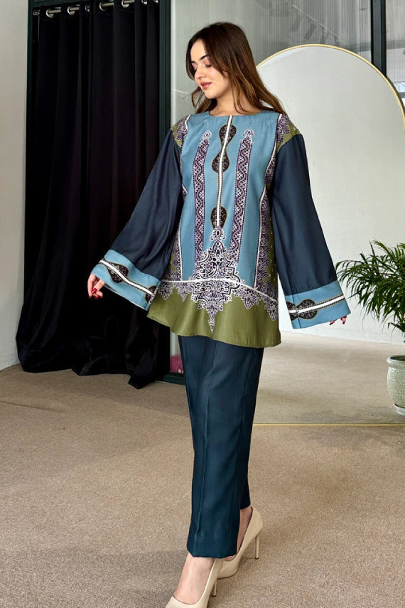 Saayra Heritage Motif Cotton Silk Kurta Pant Set Teal Olive