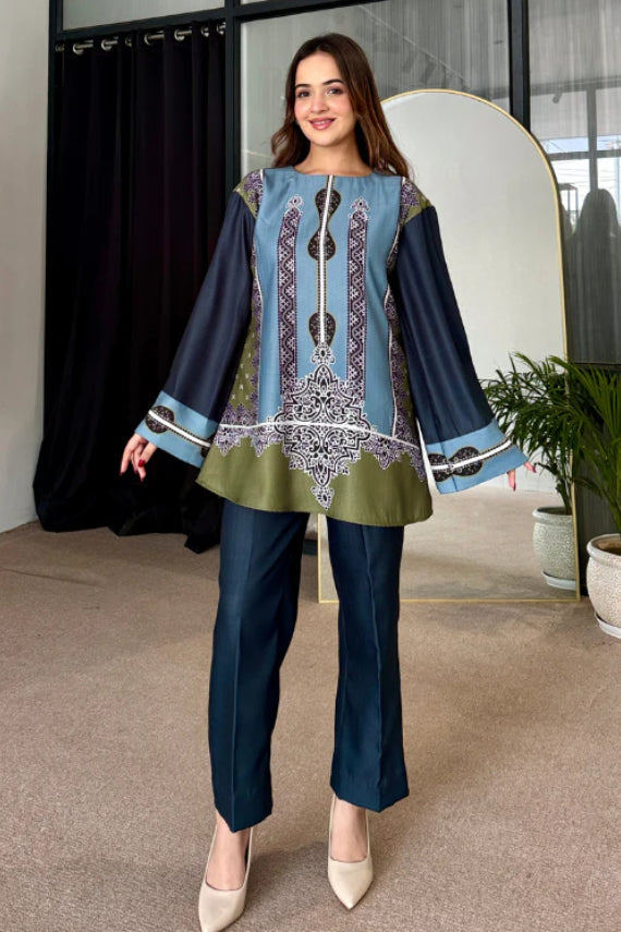 Saayra Heritage Motif Cotton Silk Kurta Pant Set Teal Olive