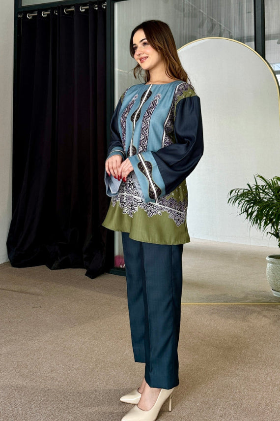 Saayra Heritage Motif Cotton Silk Kurta Pant Set Teal Olive