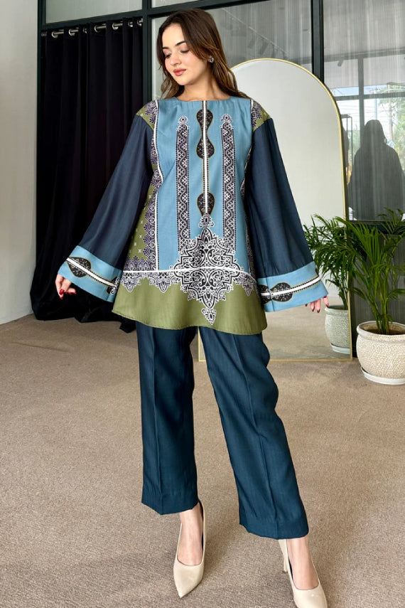 Saayra Heritage Motif Cotton Silk Kurta Pant Set Teal Olive