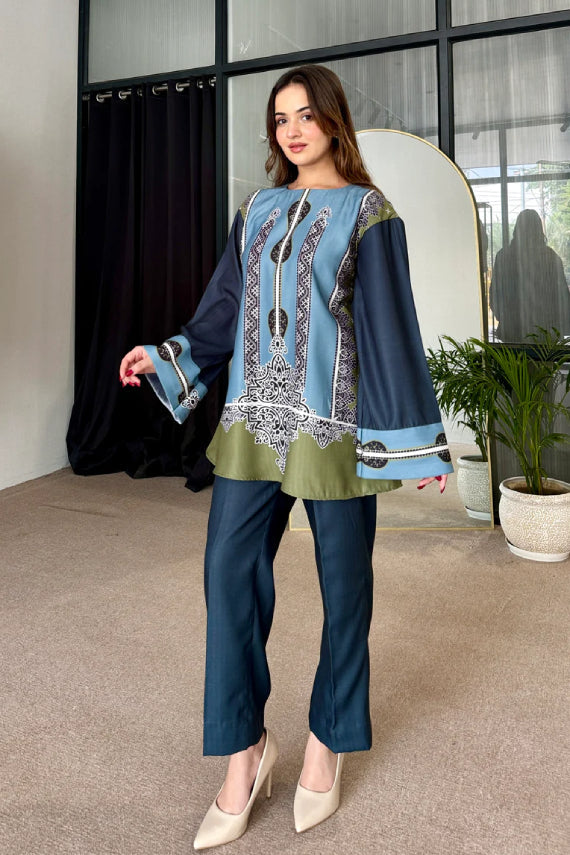 Saayra Heritage Motif Cotton Silk Kurta Pant Set Teal Olive